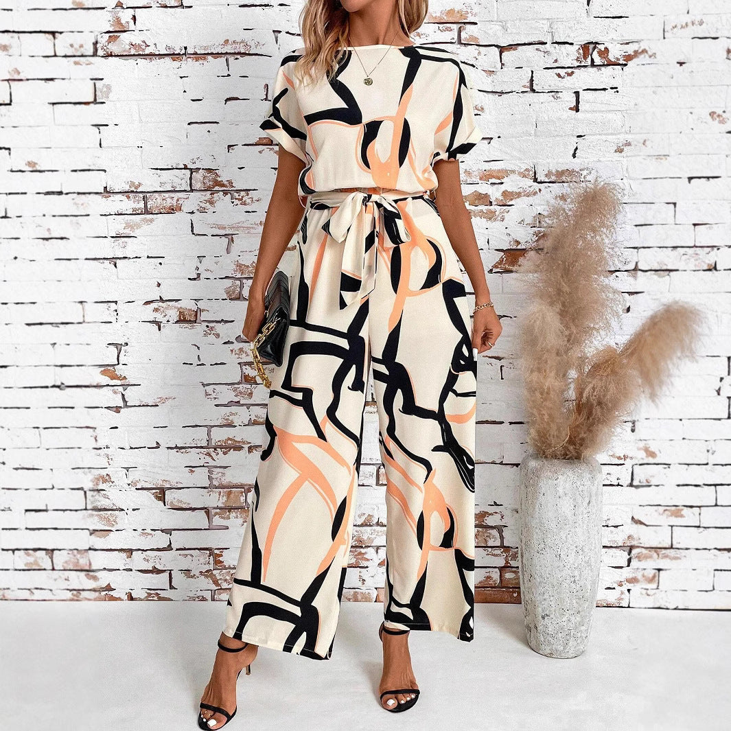 Women's Retro Waist-Cinching Figure-Flattering Elegant Short-Sleeve Printed Jumpsuit
