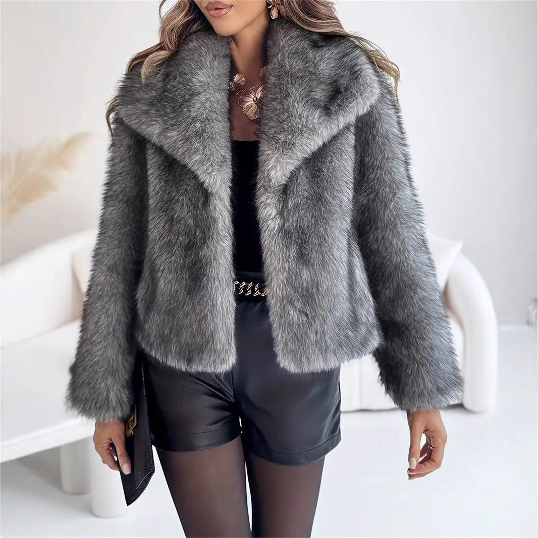 Gradient Dyed Pointed Lapel Faux Fur Short Coat For Women