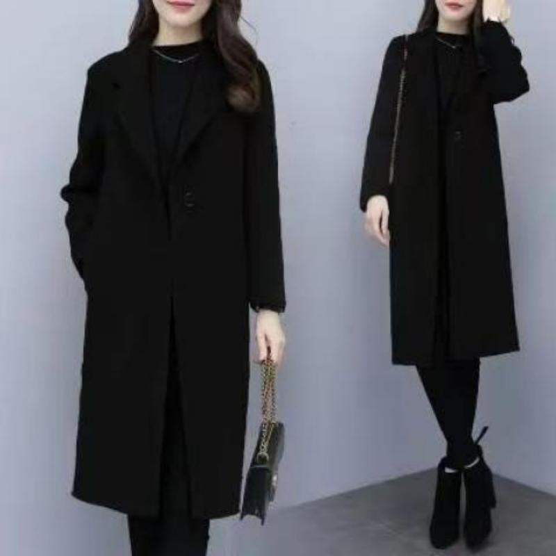 Korean Style Mid Length Wool Blend Coat With Bow Tie Accent