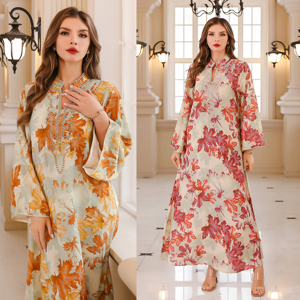 Printed Long Sleeve Summer Gown Dress With Flowing Silhouette