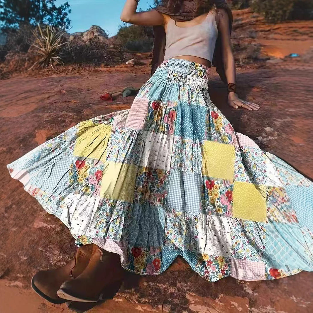 Printed Stitching Floral Long Skirt For Popular Everyday Wear-Theone Apparel