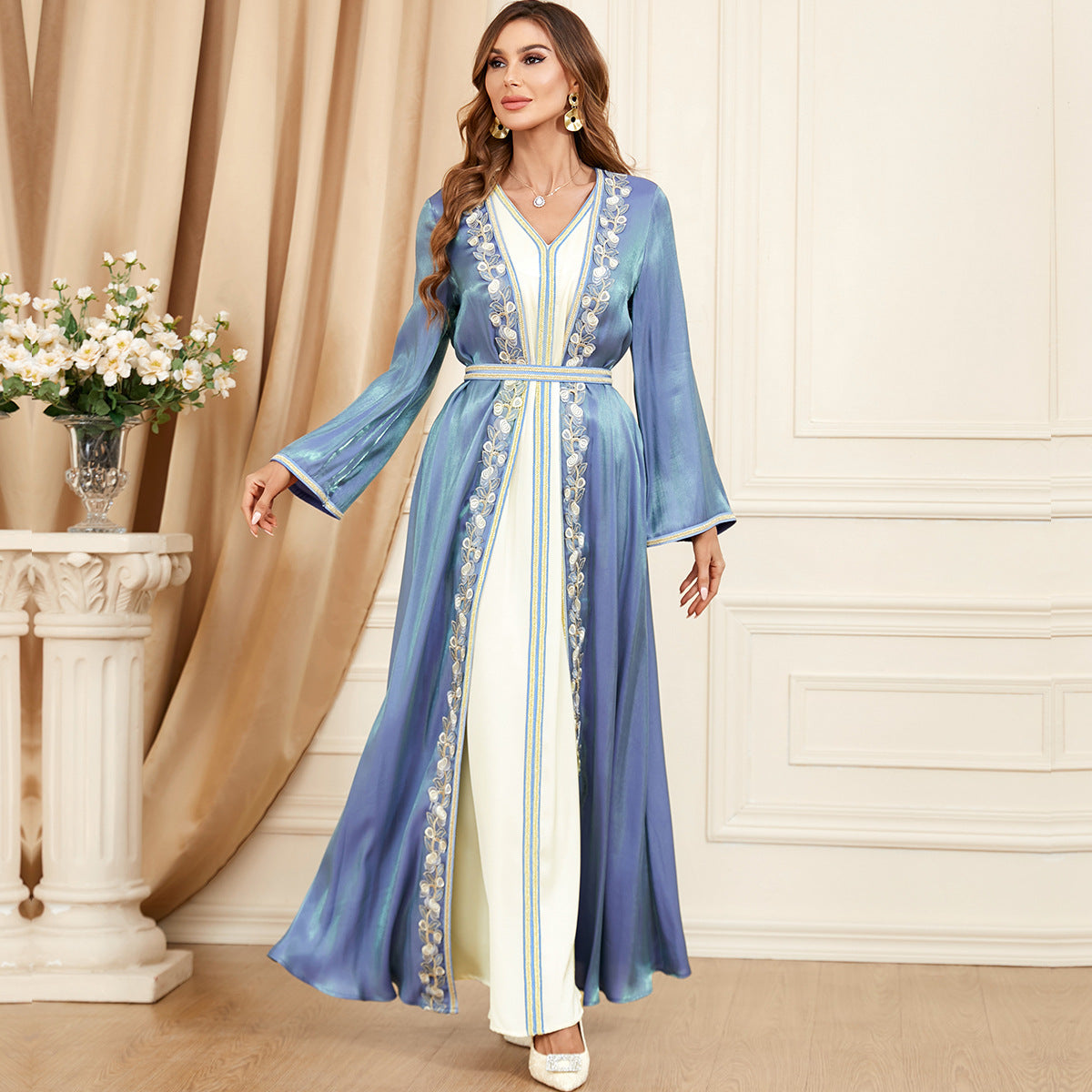 Women's Light Blue and White Long Sleeve Maxi Dress