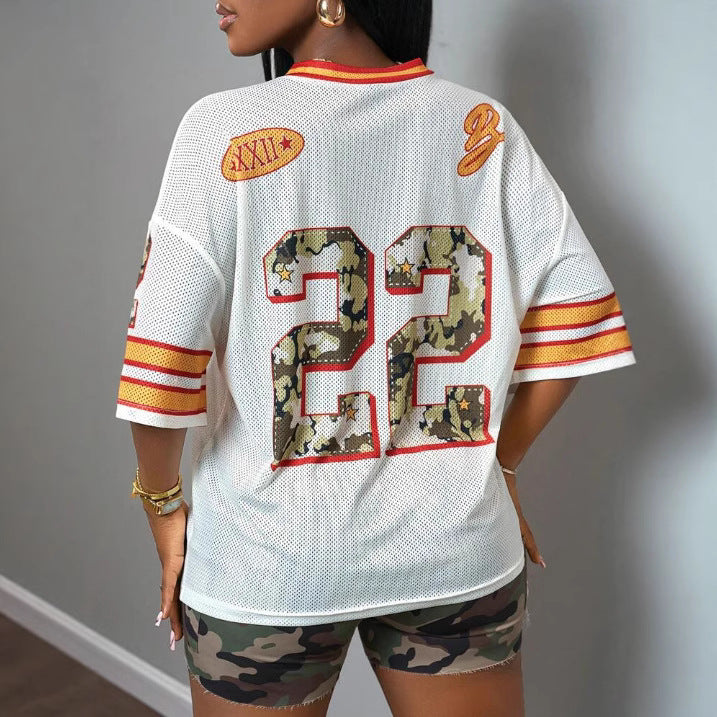 Women's Loose-Fit Casual V-Neck Mesh Short-Sleeve Printed Pullover T-Shirt