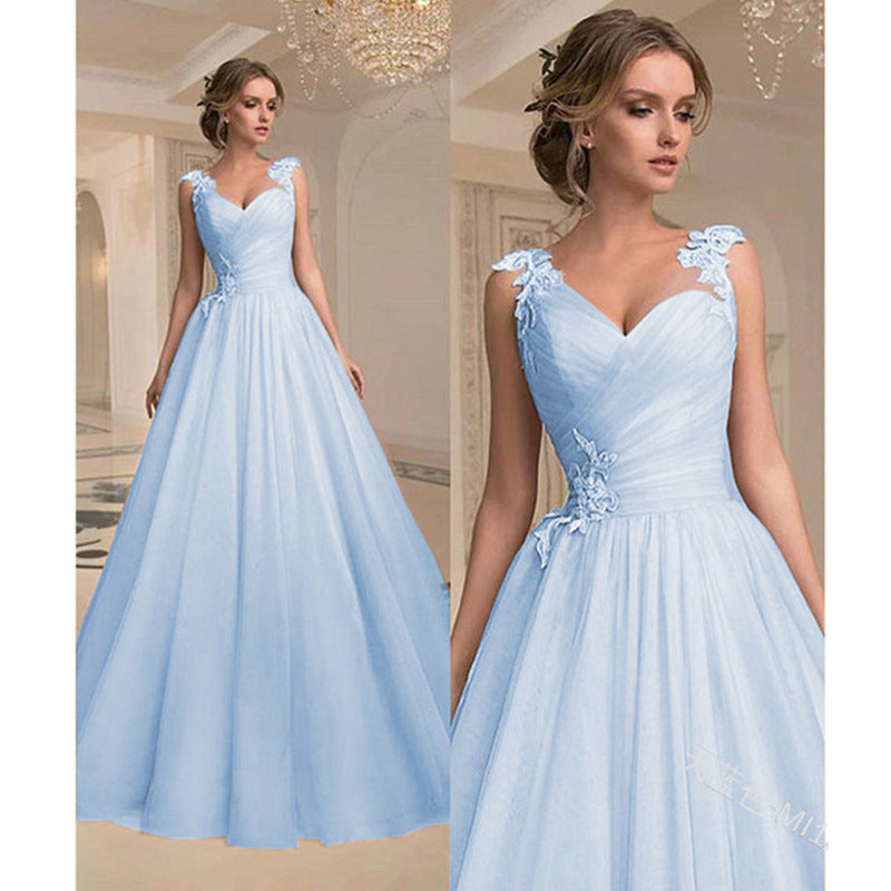 Blue Women’s Sleeveless Pastel Ball Gown with Lace Details Front