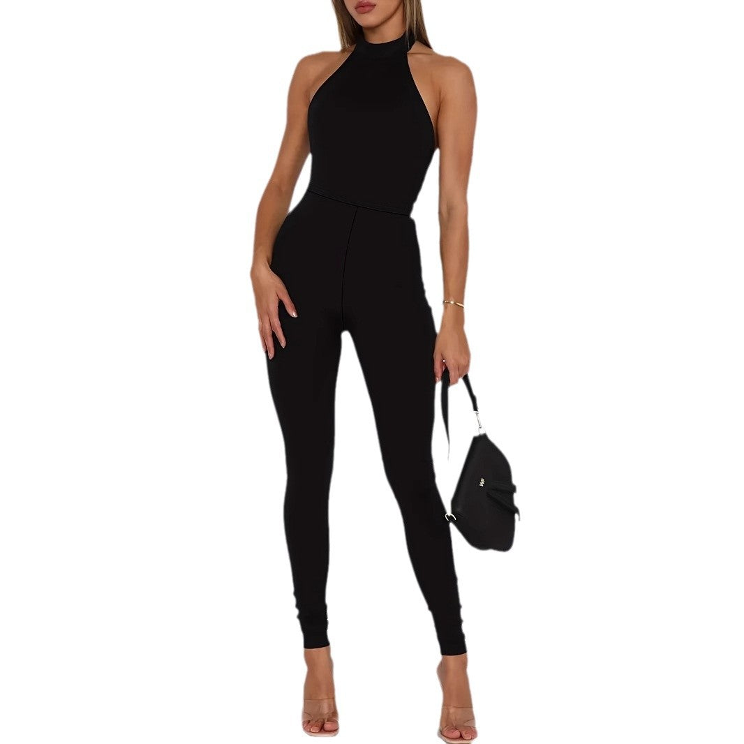 Women's Pure Color Halter Backless Sexy Slim-fit Jumpsuit Trousers