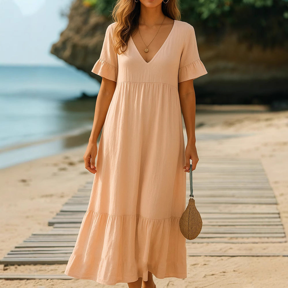 Vestido de cor sólido de pescoço em V com detalhes em costura multicolorida