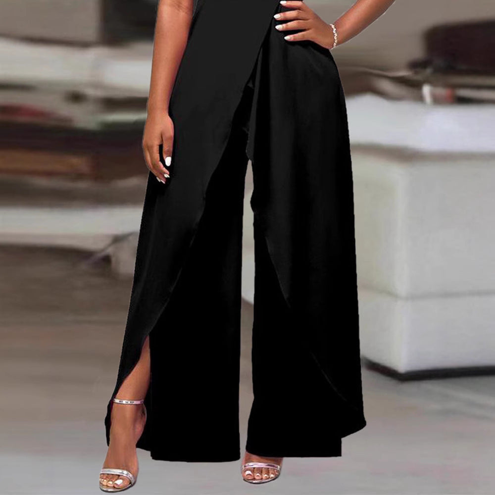 European And American Women's Fashion Short-sleeve Off-shoulder Solid-color Jumpsuit