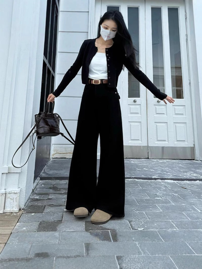 Jeans leg lebar pinggang tinggi retro untuk gaya sehari-hari