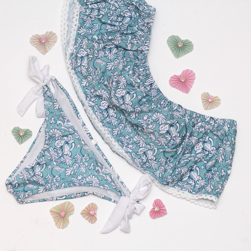 Blue Blue Floral Floral Store Slit Bikini Beach Conjunto