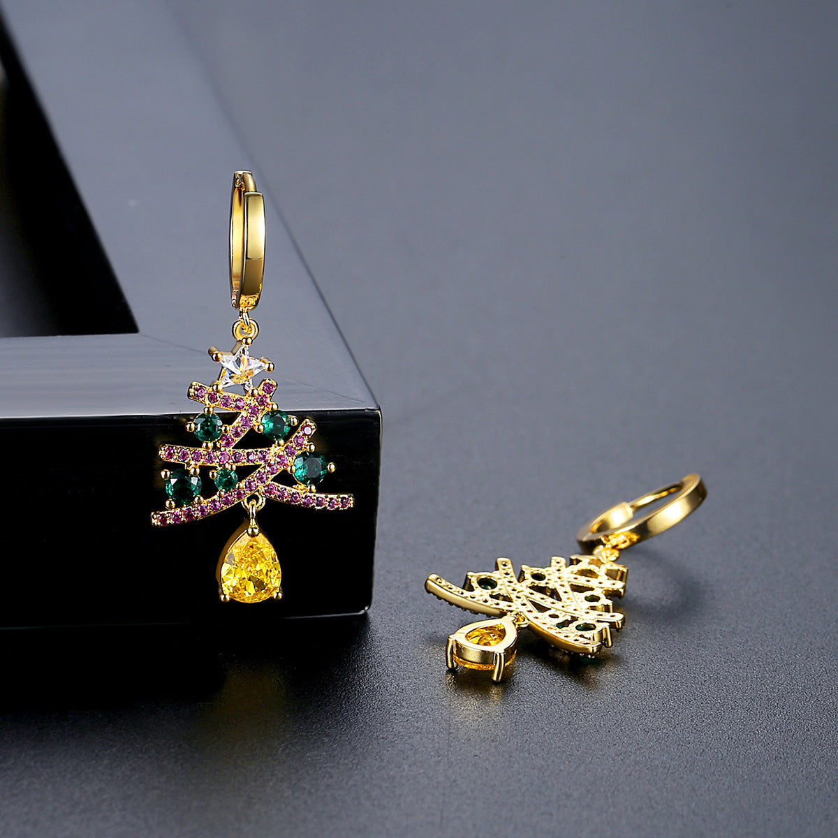 Modern Christmas Tree Dangle Drop Earrings with Multiple Colored Jewels