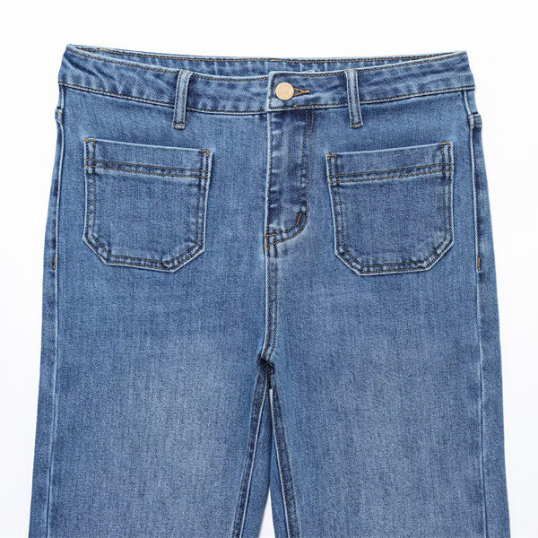 Jeans de bolso de adesivo simples com estilo de rua de cintura alta