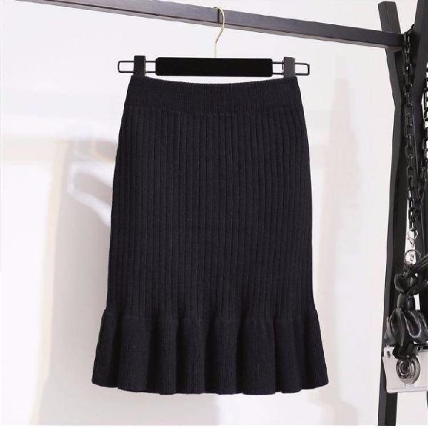 Slim Fit Lace Hem Knitted Pencil Skirt Mid Length