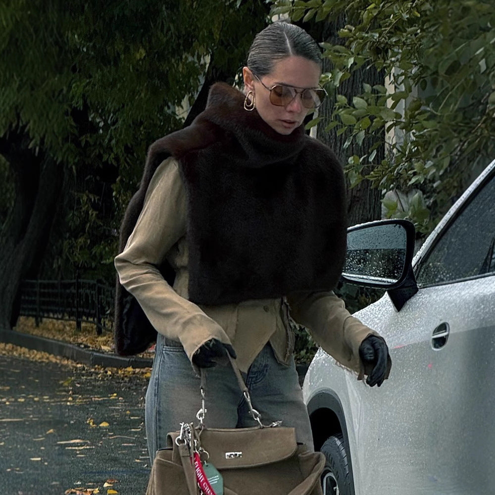 New Solid Color Half Turtleneck Sleeveless Fur Vest For Women