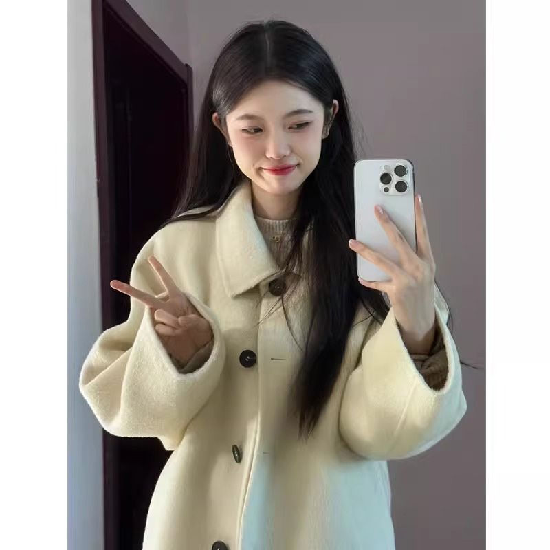 Loose-fit, Turn-down Collar, Double-faced Wool Coat, Mid-length Style