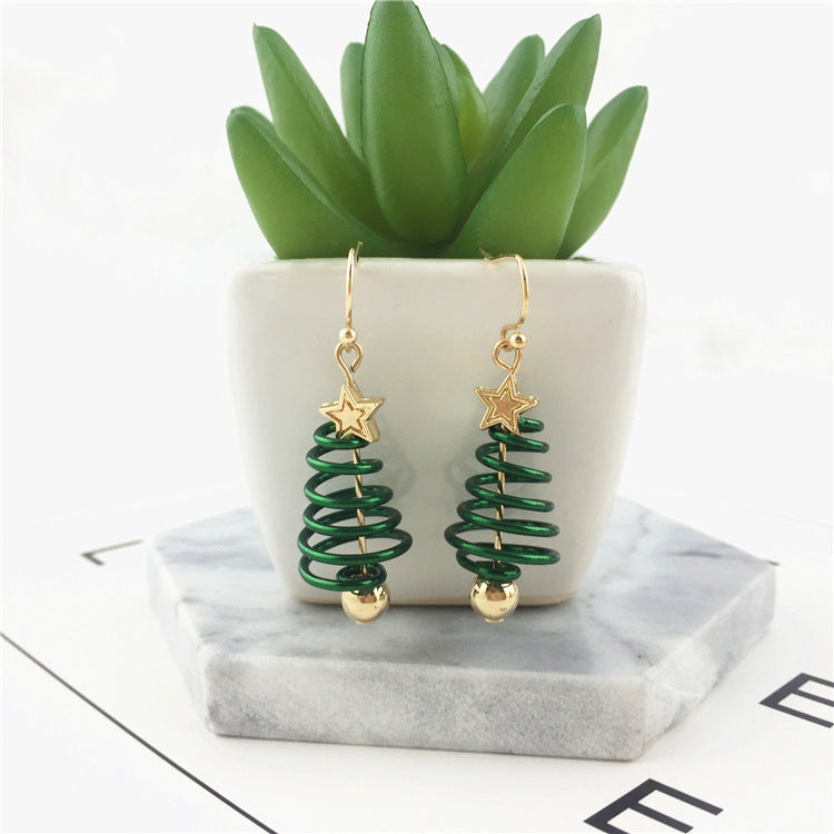Festive Spiral Christmas Tree Drop Earrings with Golden Stud