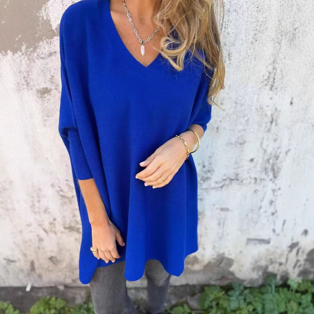 Autumn Winter Knitted V Neck Long Sleeve Loose Top For Women