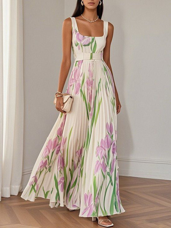 Robe imprimée plissée sans manches pour Affaires officielles en soirée polies
