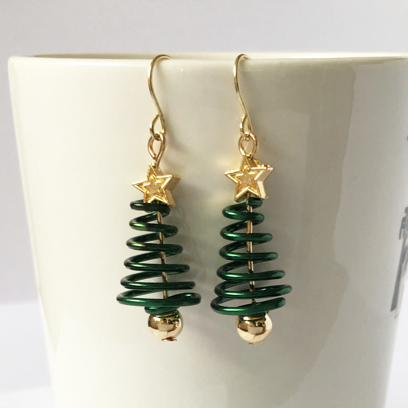 Festive Spiral Christmas Tree Drop Earrings with Golden Stud