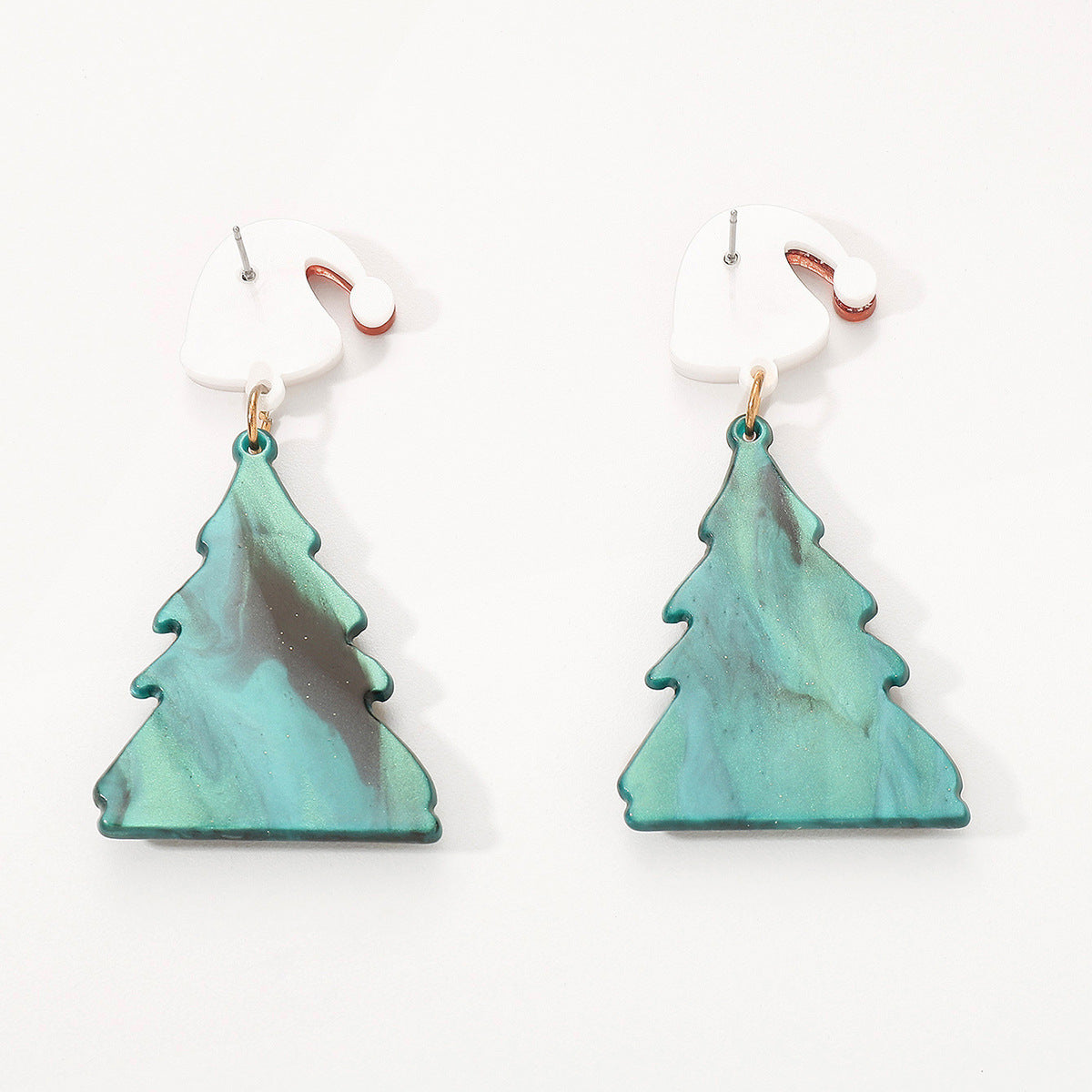 Festive Christmas Tree Dangle Drop Earrings with Santa Hat Stud