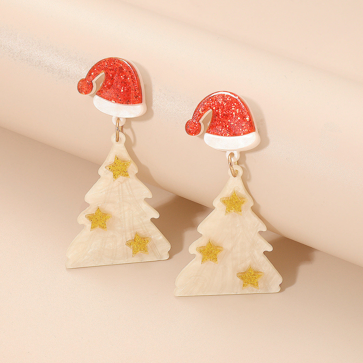 Festive Christmas Tree Dangle Drop Earrings with Santa Hat Stud