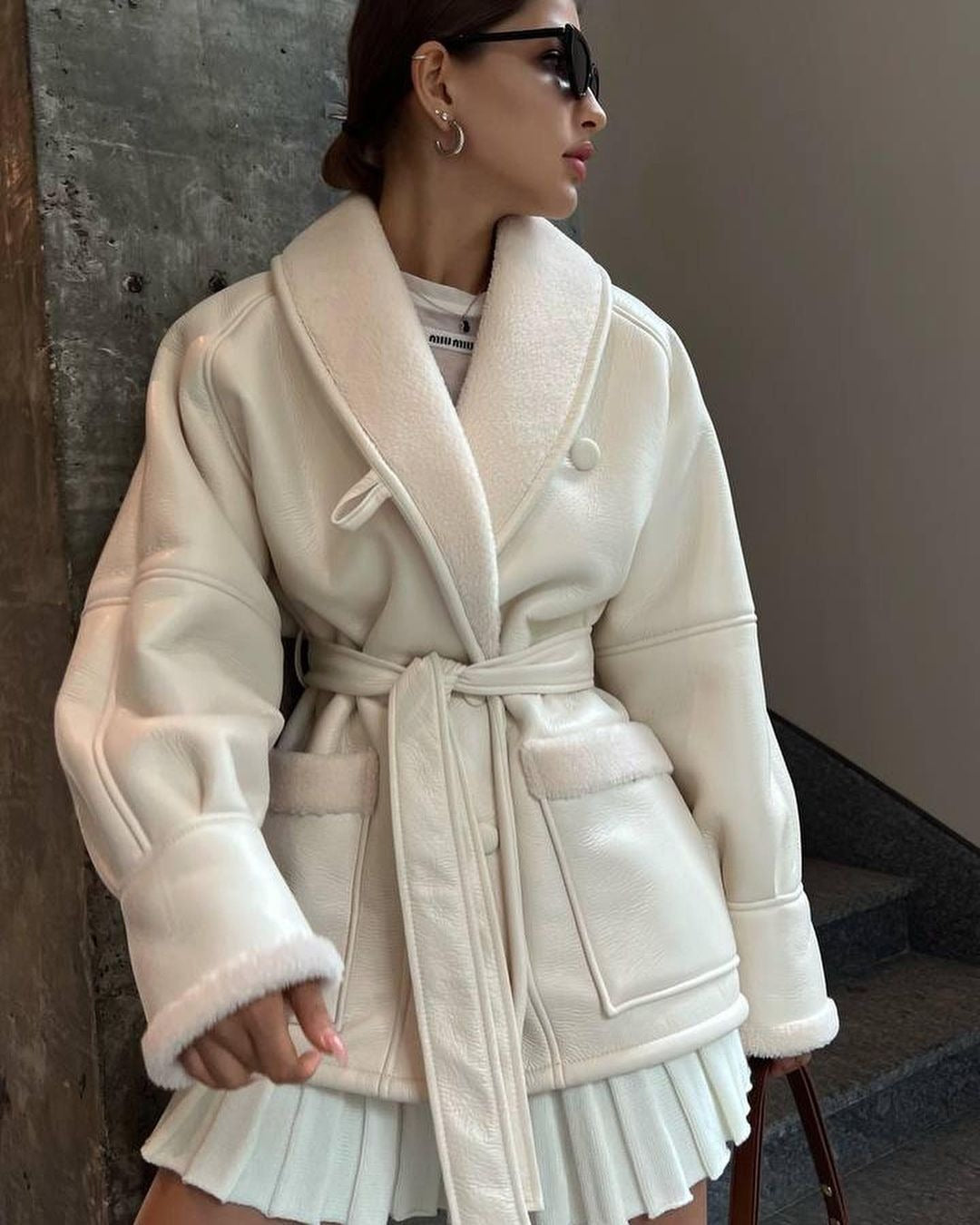 Korean Style Faux Leather Fur Splice Midlength Women's Coat