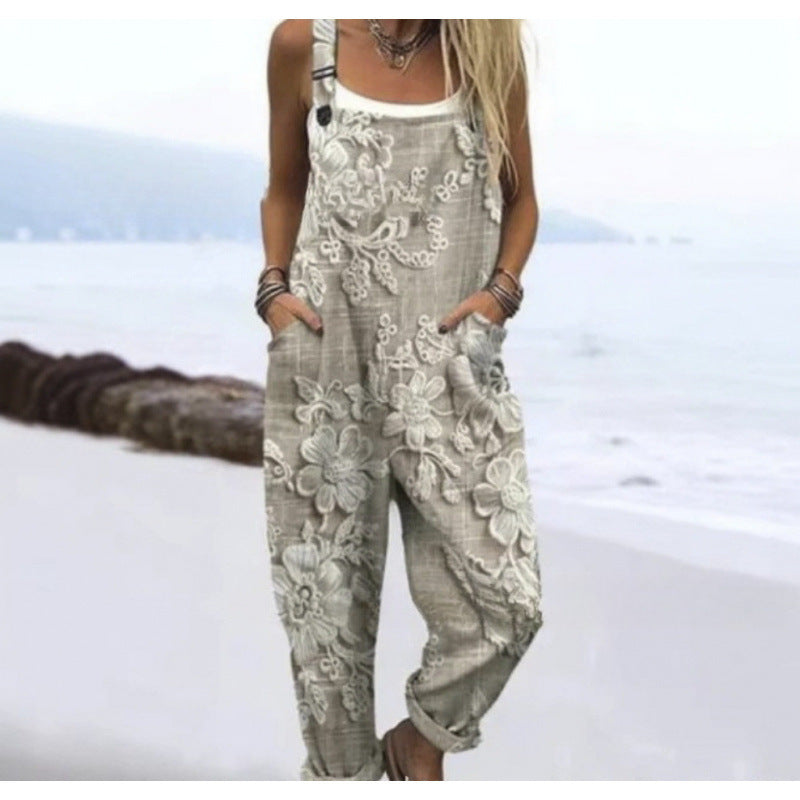 Women's Summer Digital Printing Button Casual Suspender Trousers