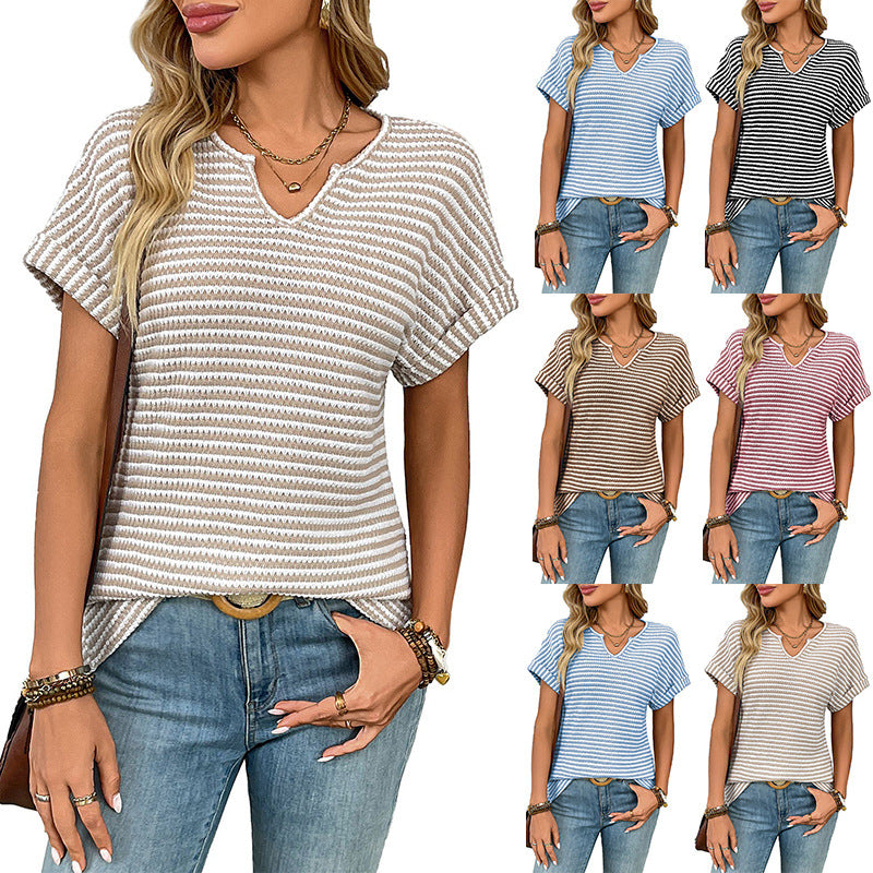 New Women's V-neck Short-sleeve Loose-fit Striped Casual Pullover T-shirt