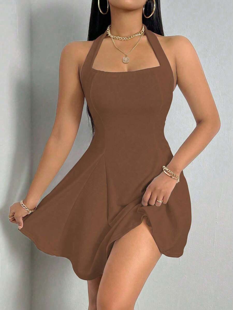 Pure-Color Halter Backless Sleeveless Dress for Chic Minimalism