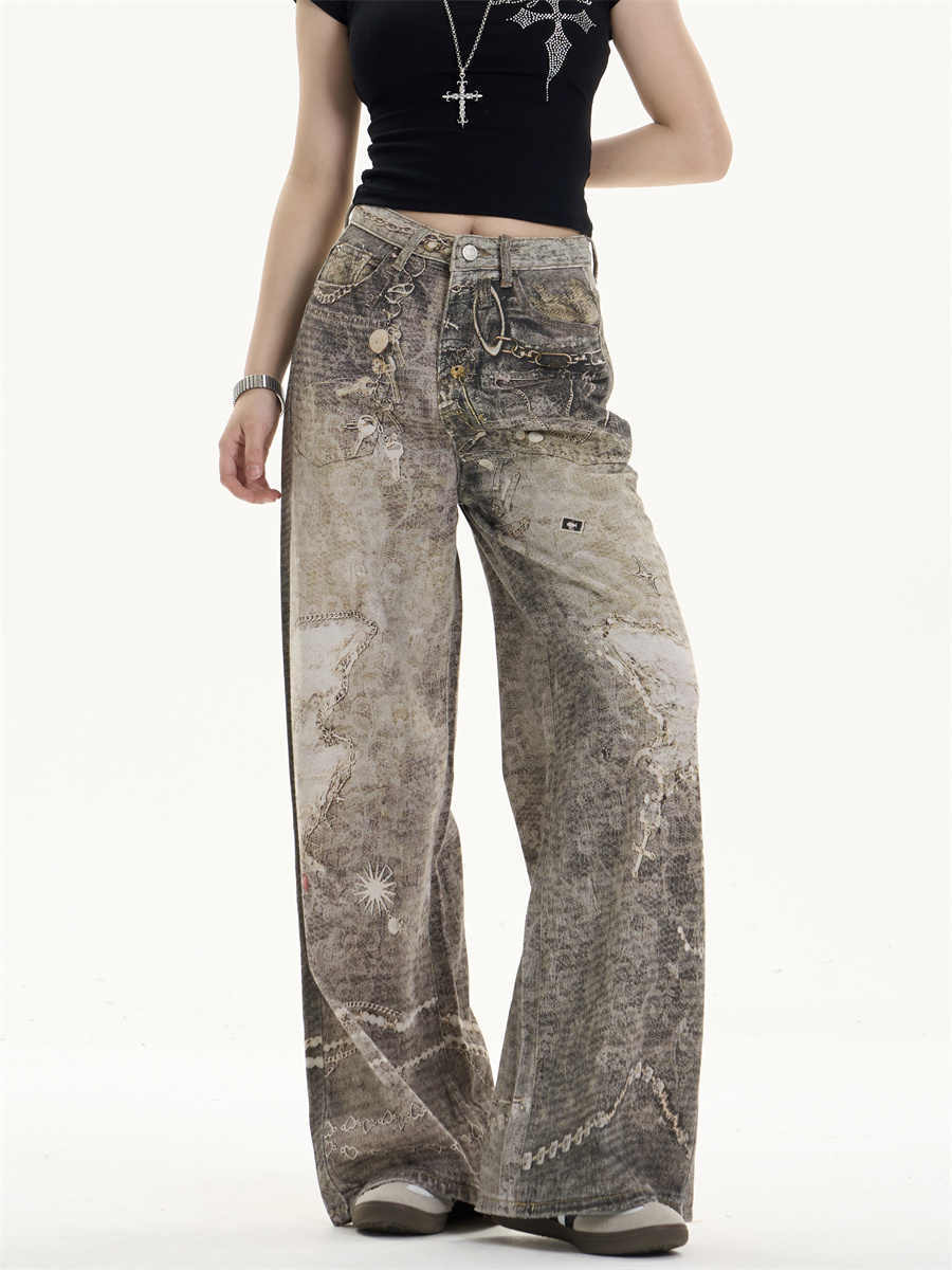 Jeans retrò logori lavati con fascino rilassato a gamba larga