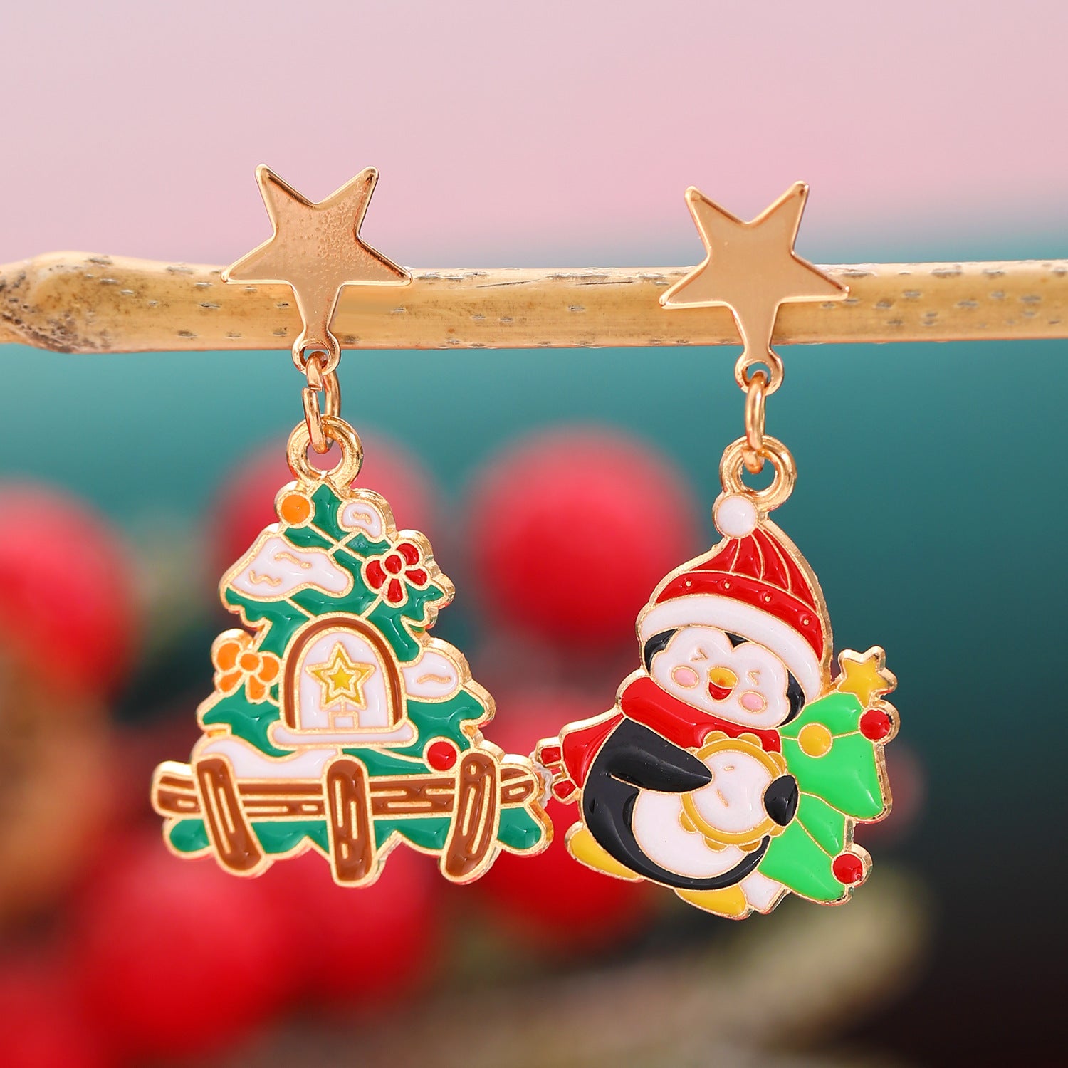 Whimsical Enamel and Metal Stud Back Christmas Themed Drop Earrings