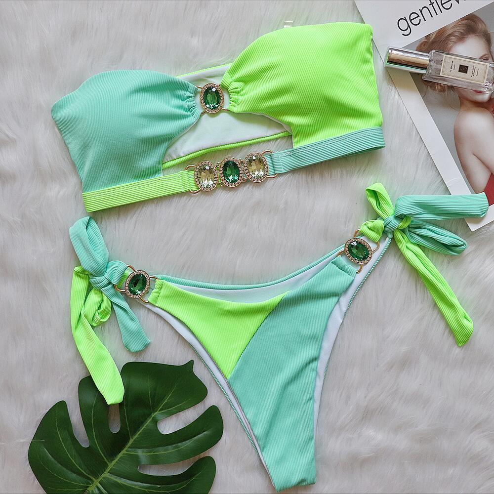 Crystal Diamond Bikini with Detachable Chest Pad for Elegance