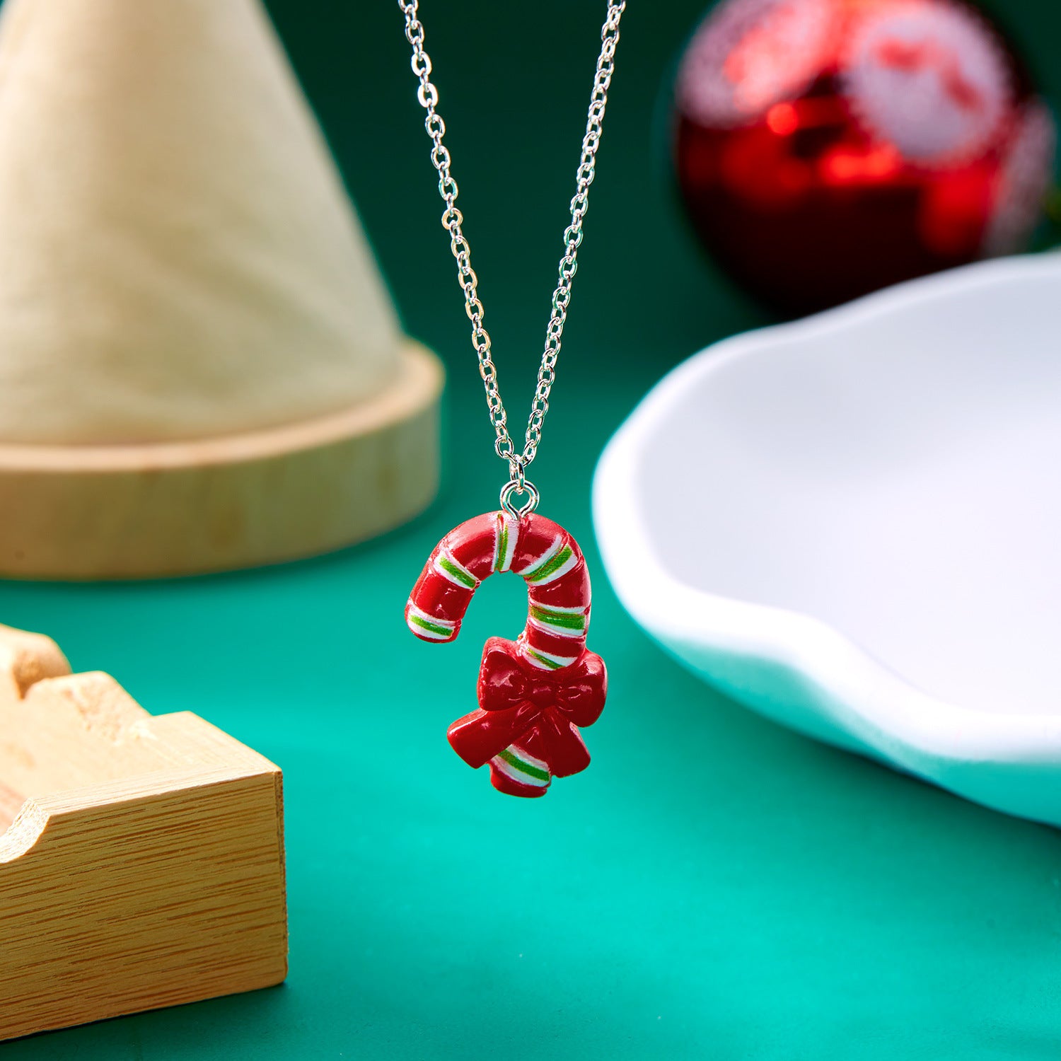 Silver-Tone Christmas Resin Glitter-Accent Chain Pendant Necklace in Assorted Styles