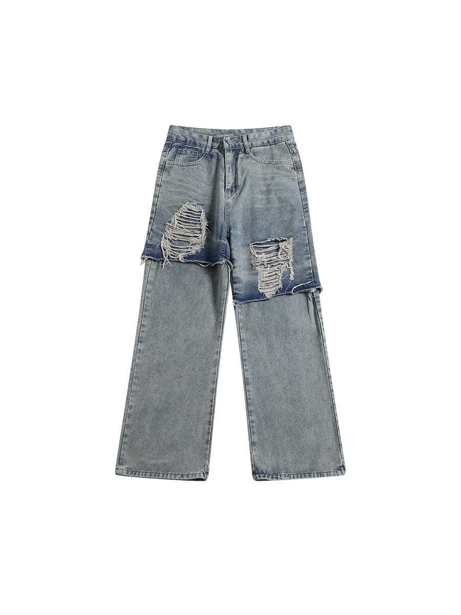 Jeans robek yang dicelupkan lumpur ukuran plus dengan energi kasar kasual