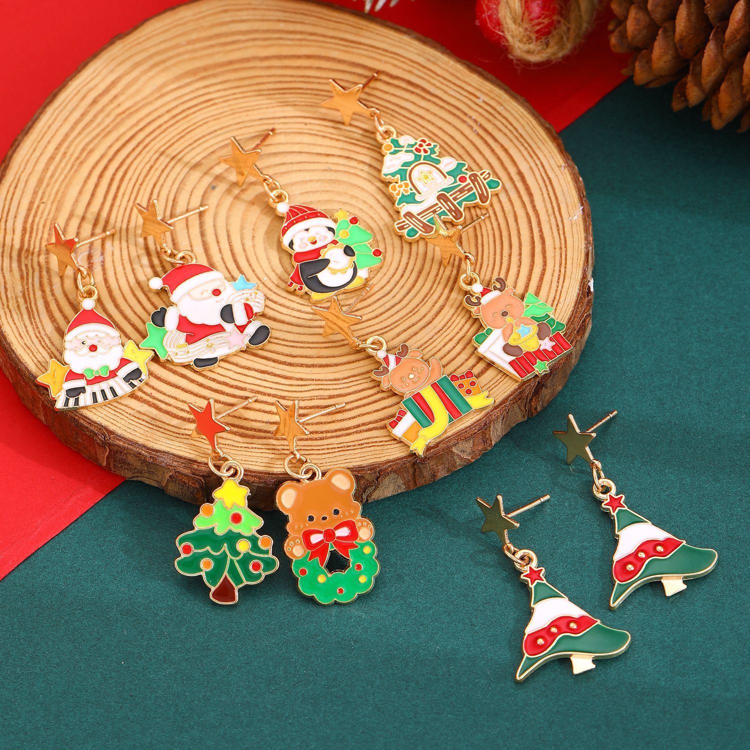 Whimsical Enamel and Metal Stud Back Christmas Themed Drop Earrings