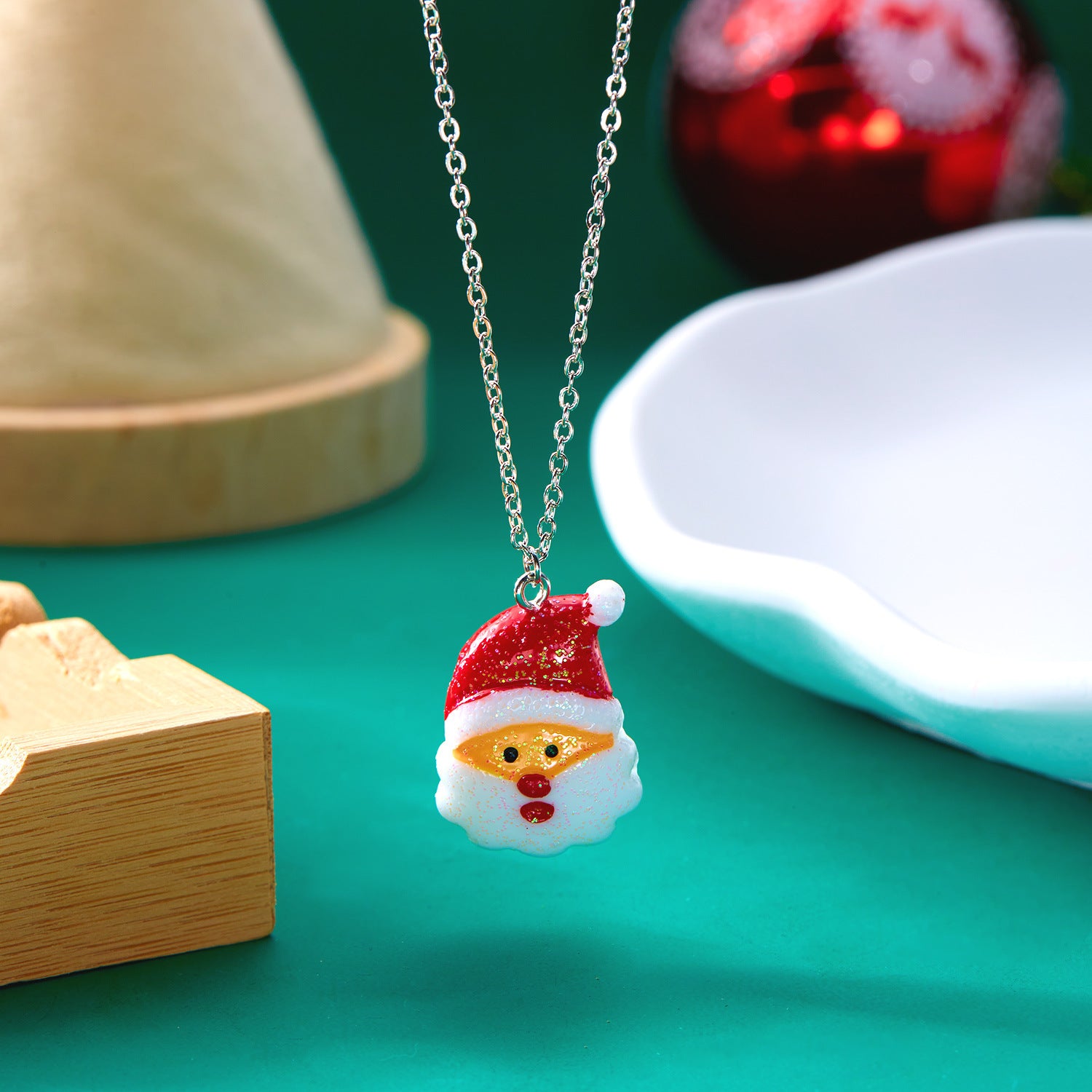 Silver-Tone Christmas Resin Glitter-Accent Chain Pendant Necklace in Assorted Styles