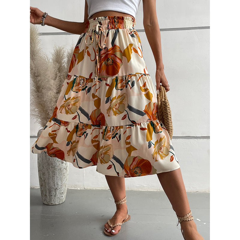 Floral Tiered Midi Skirt With Elastic Waist For Boho Charm