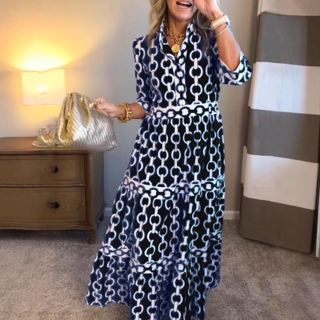 Geometrisches Druckmaxikleid mit runden Hals für Frühling und Sommer