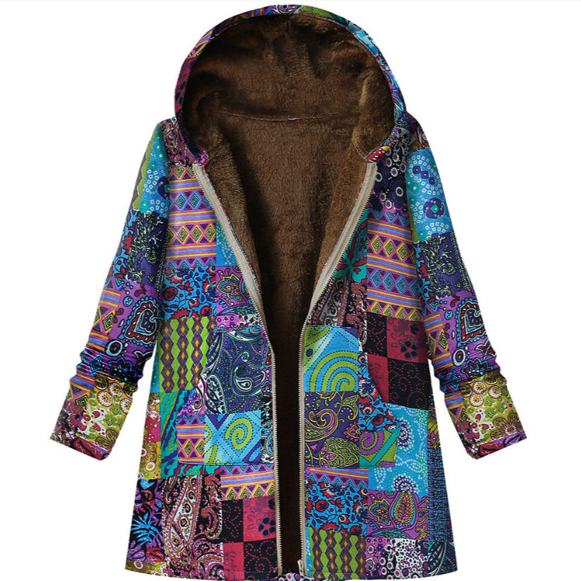 Retro Warm Printed Pocket Thick Zippered Hooded Coat