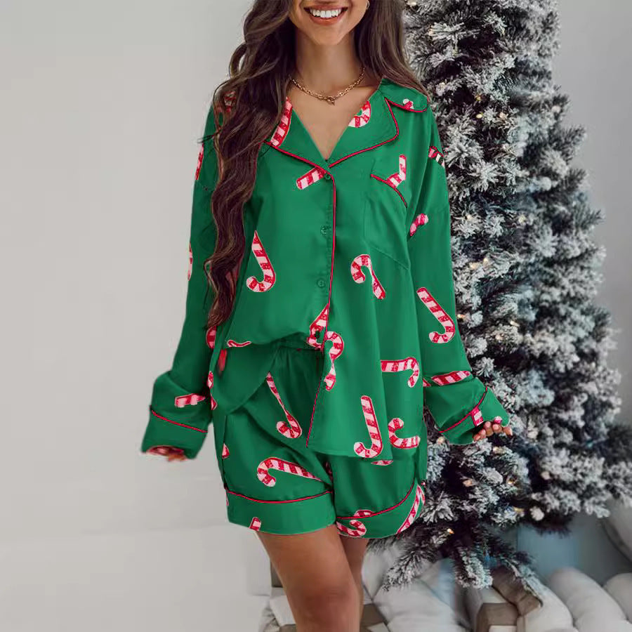 Women's Candy Cane Two Piece Christmas Pajama Set in Pink and Green