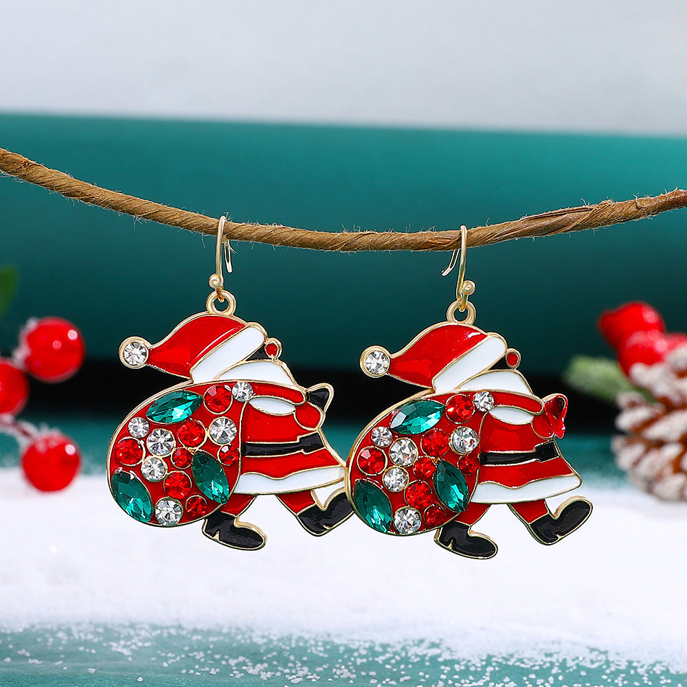 Red & Green Christmas Enamel Rhinestone Santa Carrying Sack  Dangle Earrings