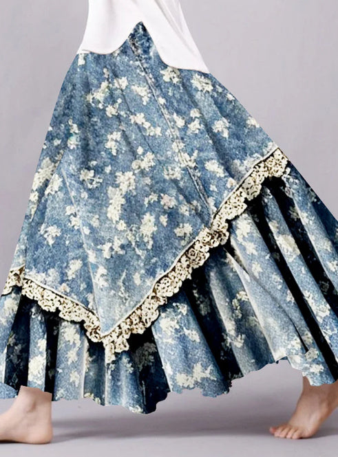 Vintage Floral Lace Patchwork Midi Skirt For Artistic Style
