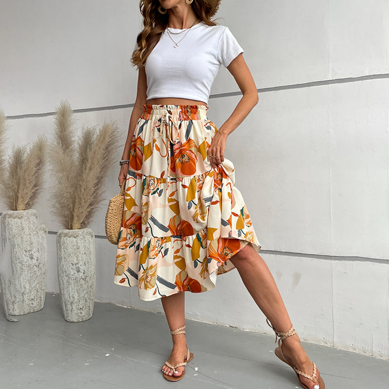 Floral Tiered Midi Skirt With Elastic Waist For Boho Charm