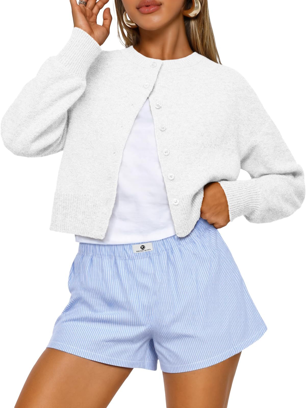 Buttoned Long-sleeve Crew-neck Solid-color Cropped Knit Sweater