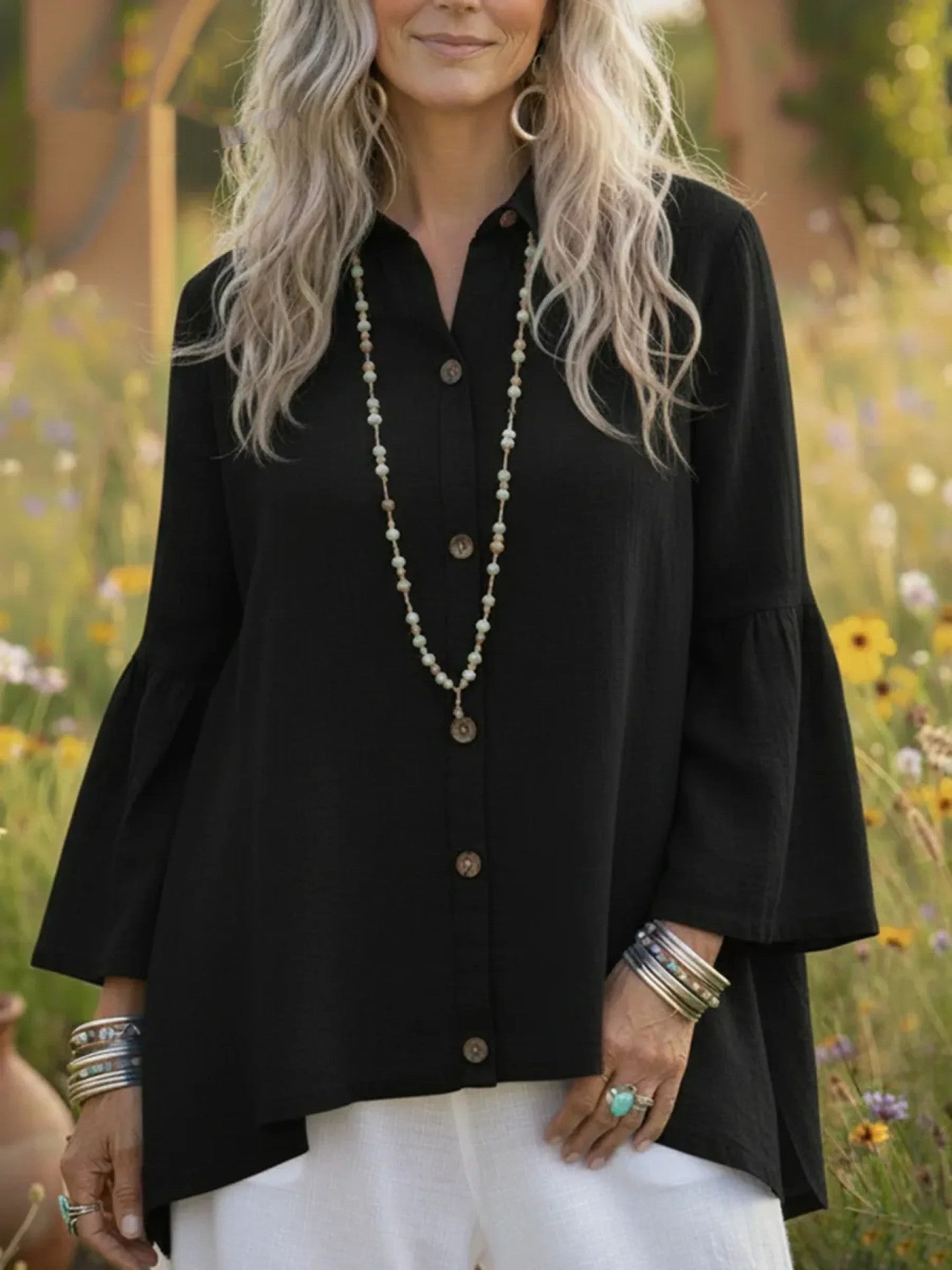 Women's Loose Solid-color Cotton-Linen Flare-sleeve Shirt