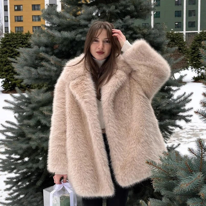 Women's Autumn Winter Warm Notched Collar Mid-Length Fur Coat