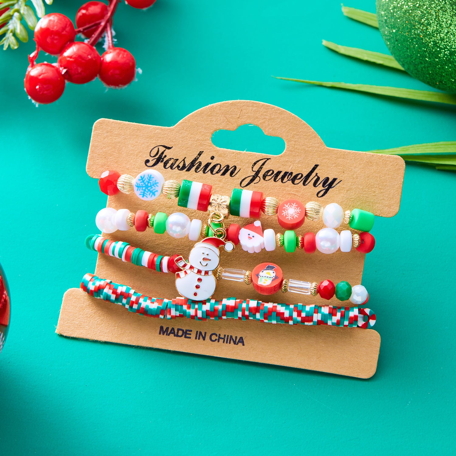 4-Piece Christmas Stacked Beaded Charm Bracelet Set in Assorted Styles-Theone Apparel