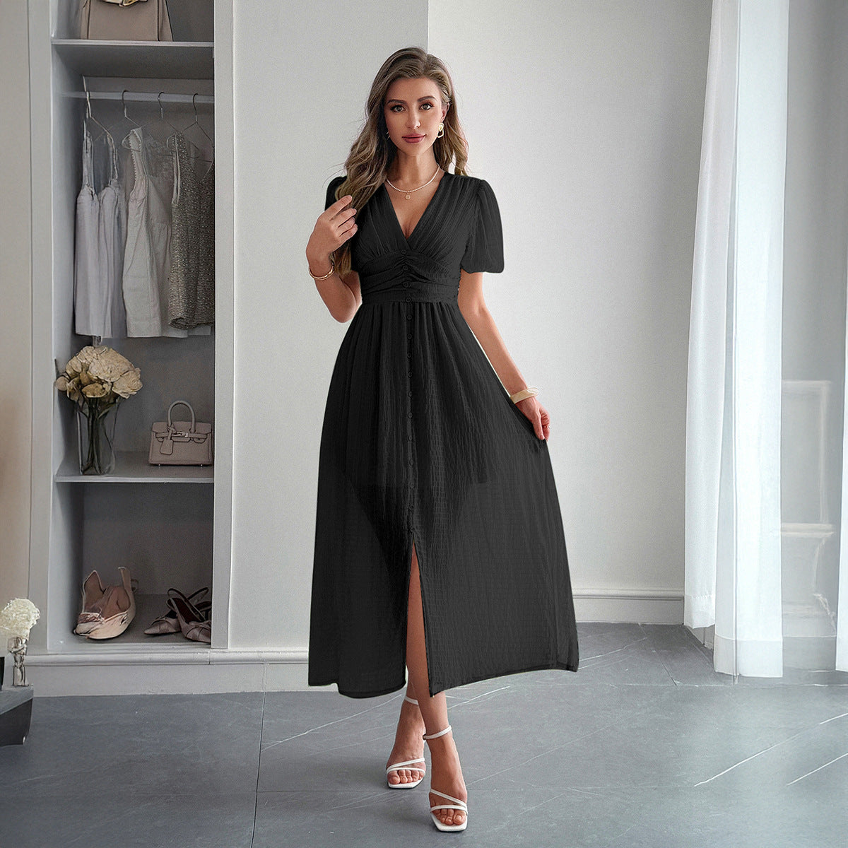 Vestido maxi de manga curta profundo em V com elegante talento de férias