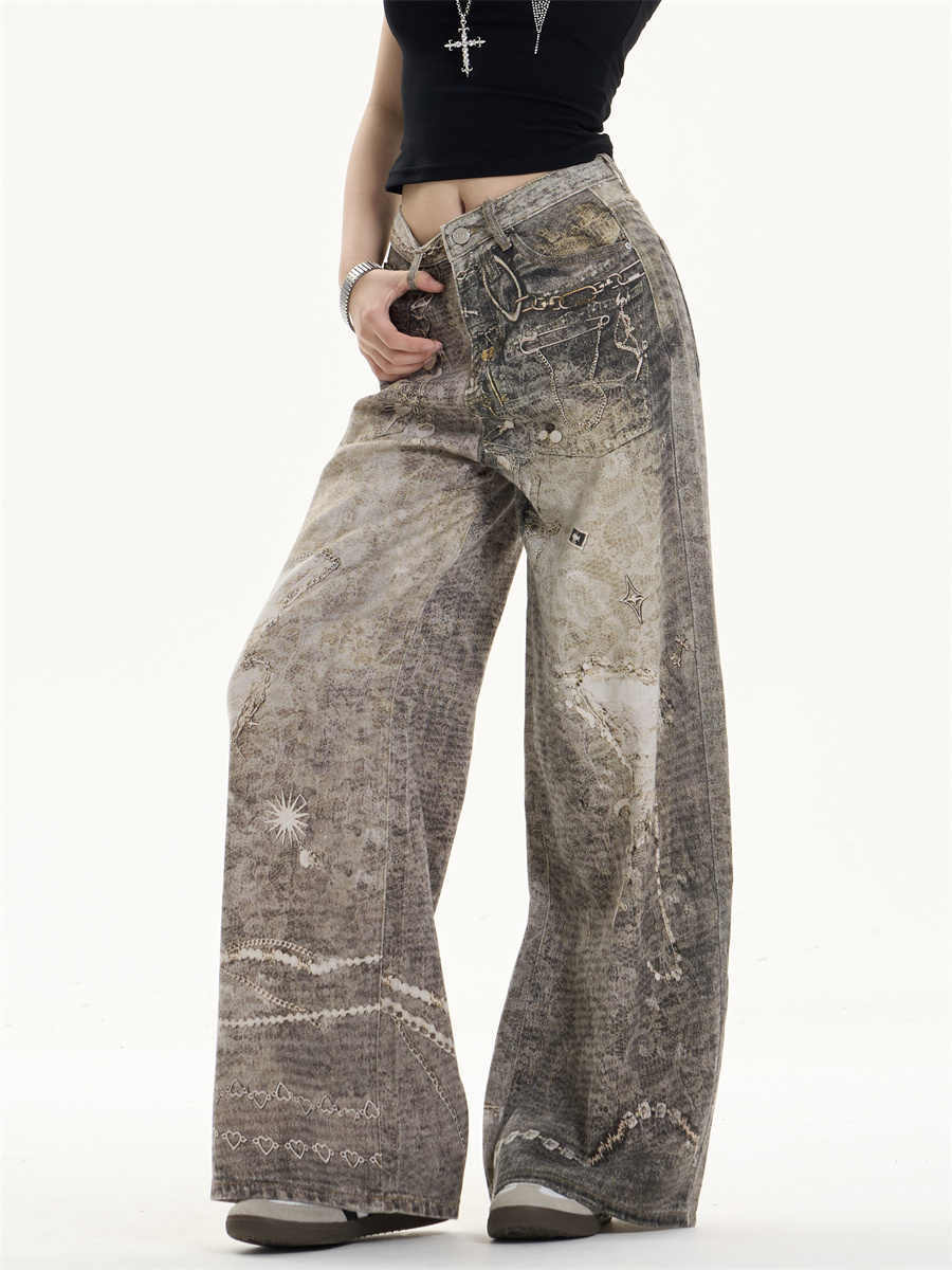 Jeans retrò logori lavati con fascino rilassato a gamba larga