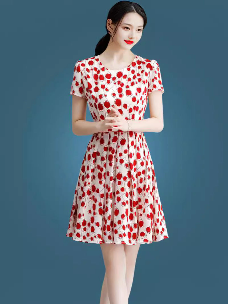 Gaun sutra es polka dot high-end untuk gaya musim panas yang mewah