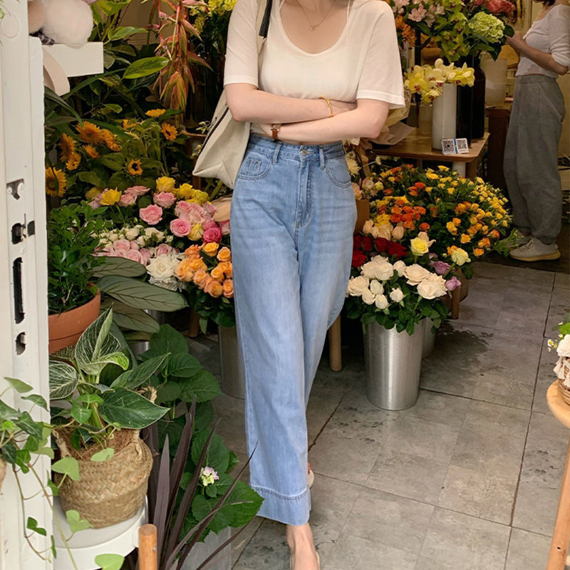 Retro Washed Nine-Point Straight Jeans for Summer Styling